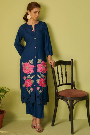 Blue Floral Embroidered Rayon Kurti Pant Set (IDKS5BL11136)