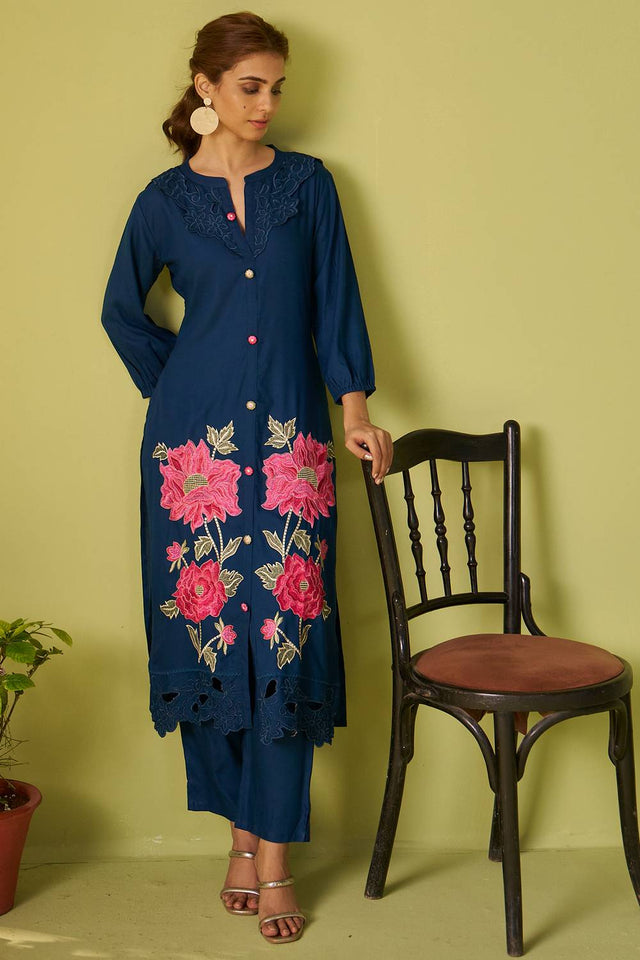 Blue Floral Embroidered Rayon Kurti Pant Set (IDKS5BL11136)