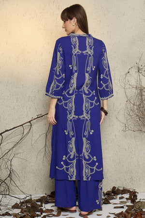 Blue Printed Rayon Kurti Pant Set (IDKS5BL11162)