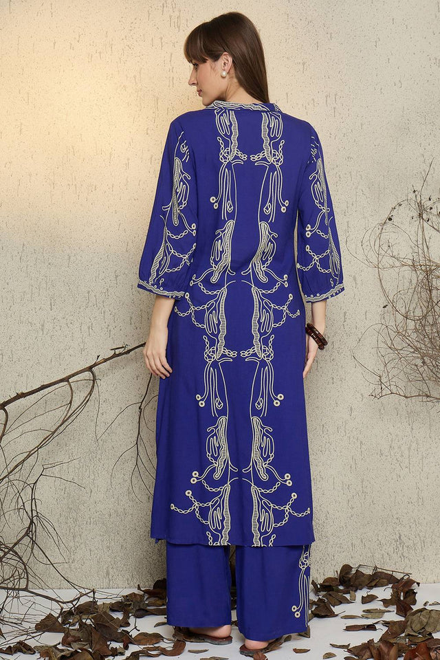Blue Printed Rayon Kurti Pant Set (IDKS5BL11162)