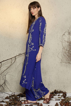 Blue Printed Rayon Kurti Pant Set (IDKS5BL11162)