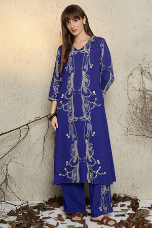 Blue Printed Rayon Kurti Pant Set (IDKS5BL11162)