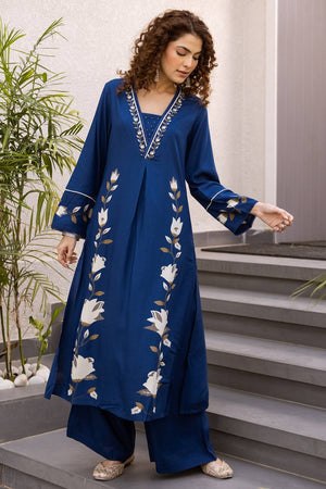 Blue Floral Printed Rayon Kurti Pant Set