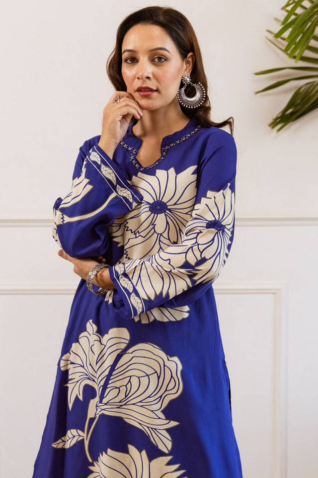 Blue Floral Printed Rayon Kurti Pant Set (IDKS5BL12066)
