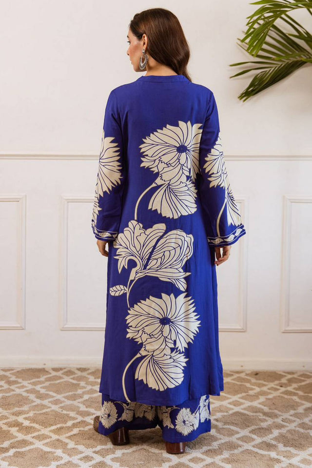 Blue Floral Printed Rayon Kurti Pant Set (IDKS5BL12066)