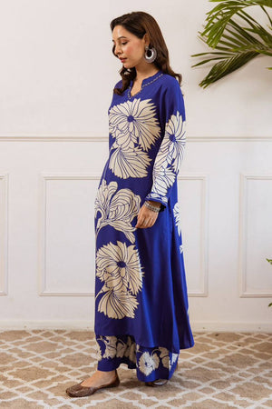 Blue Floral Printed Rayon Kurti Pant Set (IDKS5BL12066)