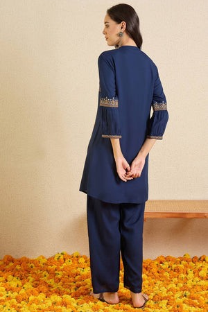 Blue Floral Embroidered Rayon Kurti Pant Set (IDKS5BL12178)