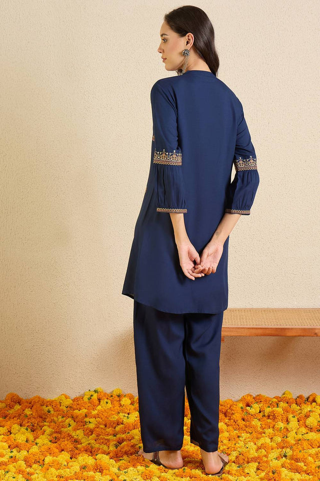 Blue Floral Embroidered Rayon Kurti Pant Set (IDKS5BL12178)