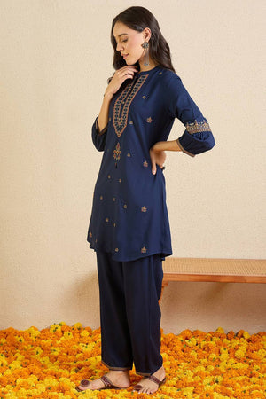 Blue Floral Embroidered Rayon Kurti Pant Set (IDKS5BL12178)