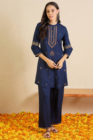 Blue Floral Embroidered Rayon Kurti Pant Set (IDKS5BL12178)