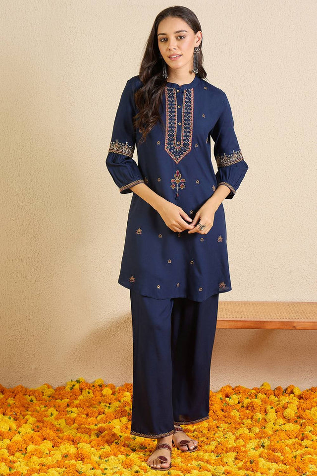 Blue Floral Embroidered Rayon Kurti Pant Set (IDKS5BL12178)