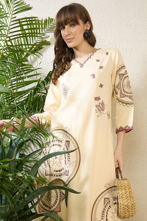Cream Embroidered Rayon Kurti Pant Set (IDKS5CR12410)