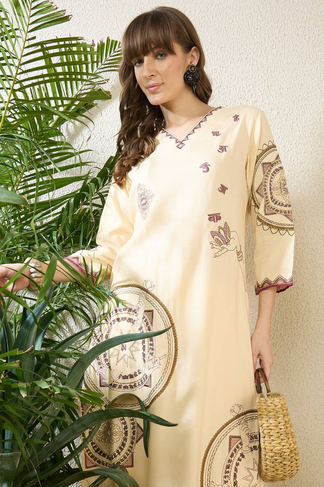 Cream Embroidered Rayon Kurti Pant Set (IDKS5CR12410)