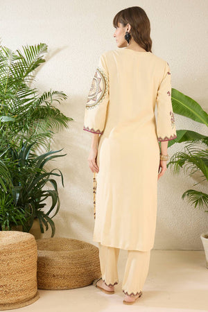 Cream Embroidered Rayon Kurti Pant Set (IDKS5CR12410)