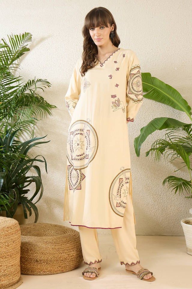 Cream Embroidered Rayon Kurti Pant Set (IDKS5CR12410)