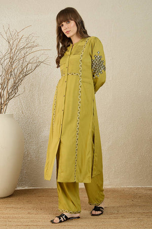 Green Embroidered Rayon Kurti Pant Set (IDKS5GN11221)