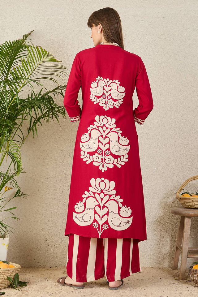 Maroon Printed Rayon Kurti Pant Set (IDKS5MR12069)