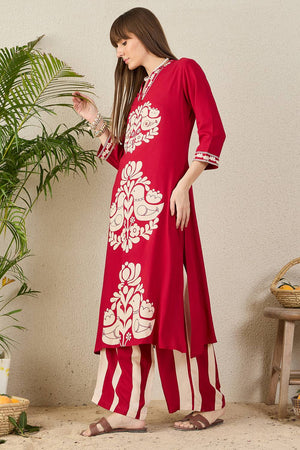 Maroon Printed Rayon Kurti Pant Set (IDKS5MR12069)