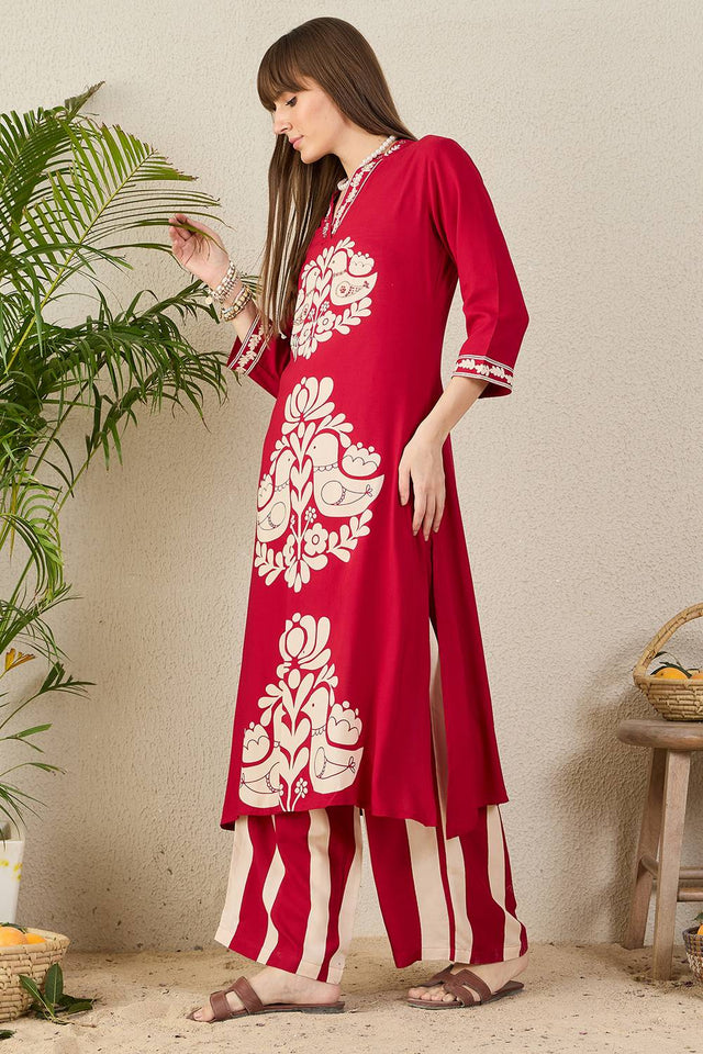 Maroon Printed Rayon Kurti Pant Set (IDKS5MR12069)