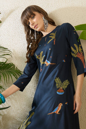 Navy Blue Embroidered Rayon Kurti Pant Set (IDKS5NB12075)