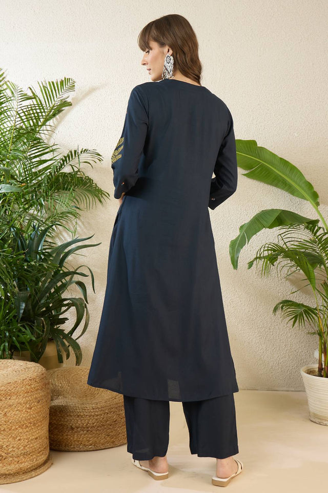 Navy Blue Embroidered Rayon Kurti Pant Set (IDKS5NB12075)