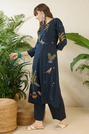 Navy Blue Embroidered Rayon Kurti Pant Set (IDKS5NB12075)