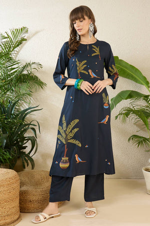 Navy Blue Embroidered Rayon Kurti Pant Set (IDKS5NB12075)