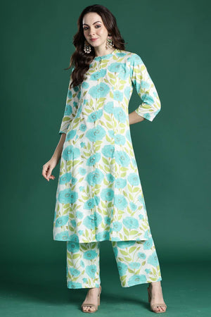Off White Floral Printed Rayon Kurti Pant Set (IDKS5OW10279)
