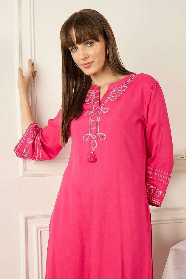 Pink Thread work Rayon Kurti Pant Set (IDKS5PK11742)