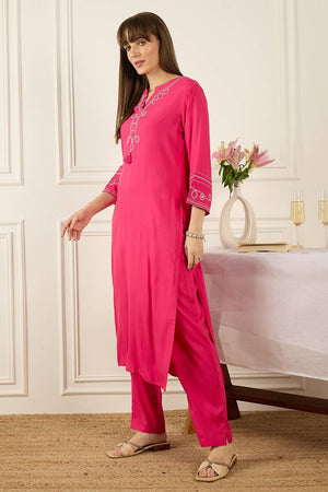 Pink Thread work Rayon Kurti Pant Set (IDKS5PK11742)