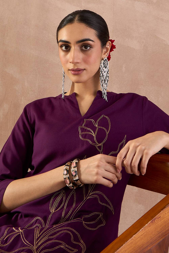 Violet Embroidered Rayon Kurti Pant Set (IDKS5PR12330)
