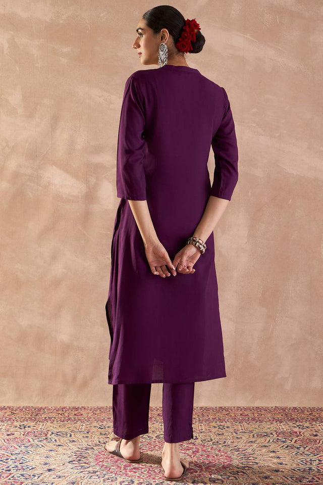 Violet Embroidered Rayon Kurti Pant Set (IDKS5PR12330)