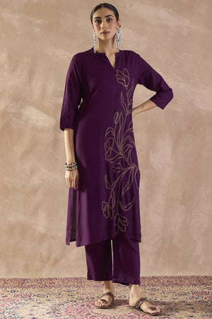 Violet Embroidered Rayon Kurti Pant Set (IDKS5PR12330)