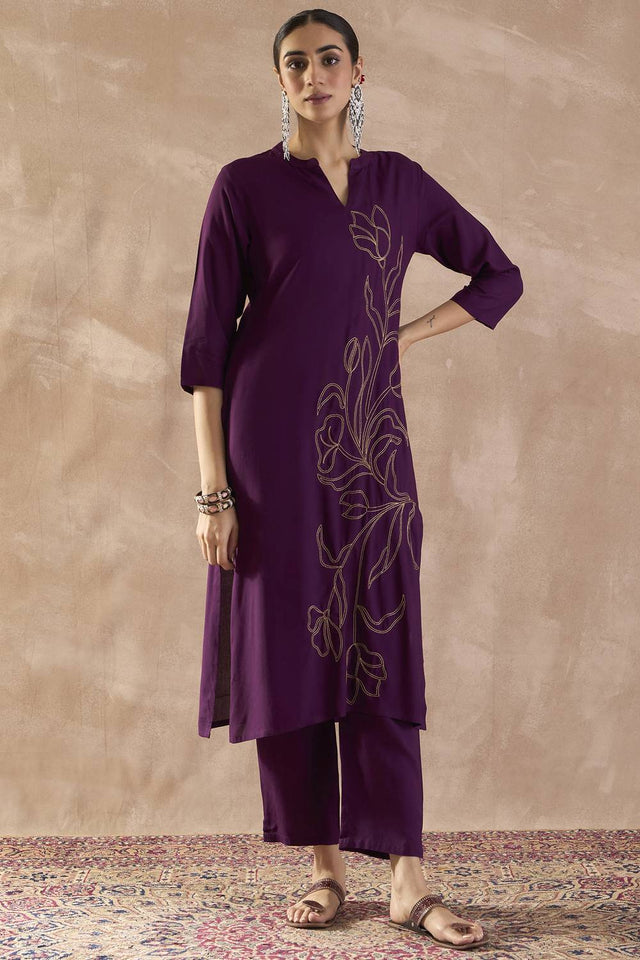 Violet Embroidered Rayon Kurti Pant Set (IDKS5PR12330)