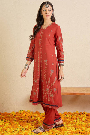Red Floral Embroidered Rayon Kurti Pant Set (IDKS5RD11597)