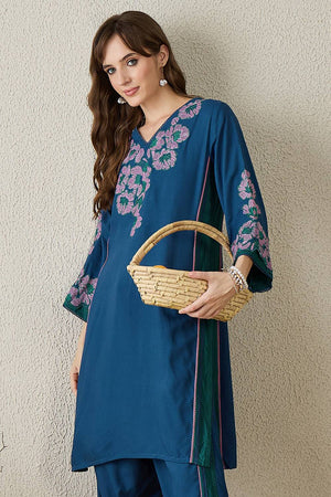 Turquoise Embroidered Rayon Kurti Pant Set (IDKS5TL11596)