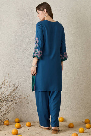 Turquoise Embroidered Rayon Kurti Pant Set (IDKS5TL11596)