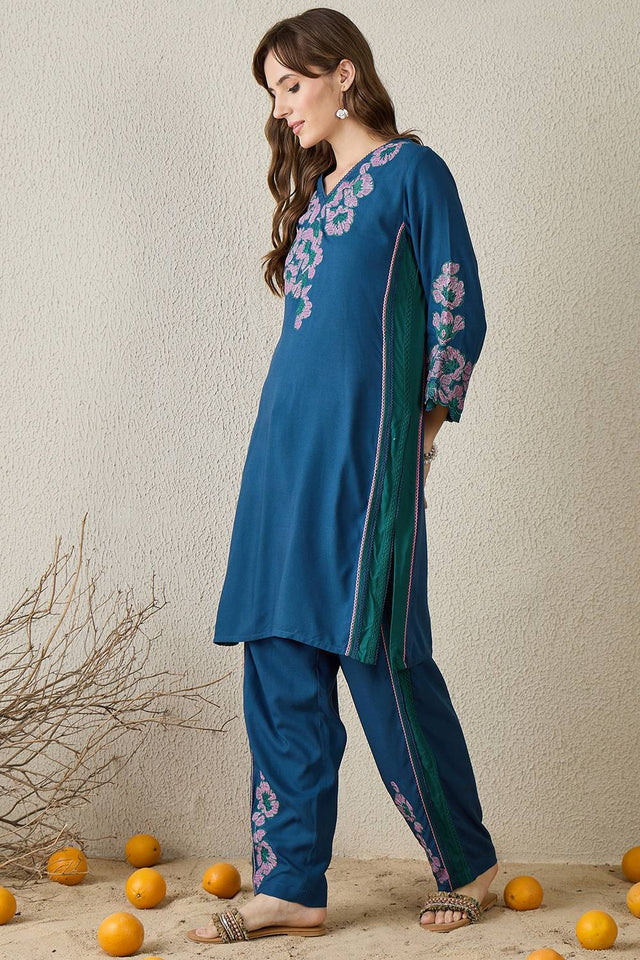 Turquoise Embroidered Rayon Kurti Pant Set (IDKS5TL11596)