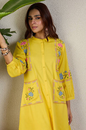 Yellow Embroidered Rayon Kurti Pant Set (IDKS5YL11569)