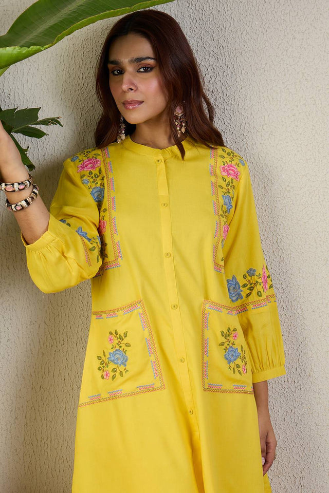 Yellow Embroidered Rayon Kurti Pant Set (IDKS5YL11569)