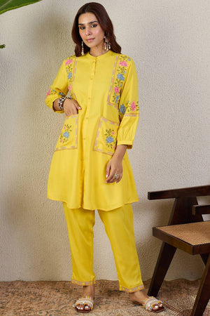 Yellow Embroidered Rayon Kurti Pant Set (IDKS5YL11569)