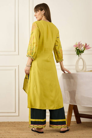 Yellow Embroidered Rayon Kurti Pant Set (IDKS5YL12411)