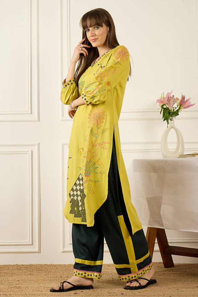 Yellow Embroidered Rayon Kurti Pant Set (IDKS5YL12411)