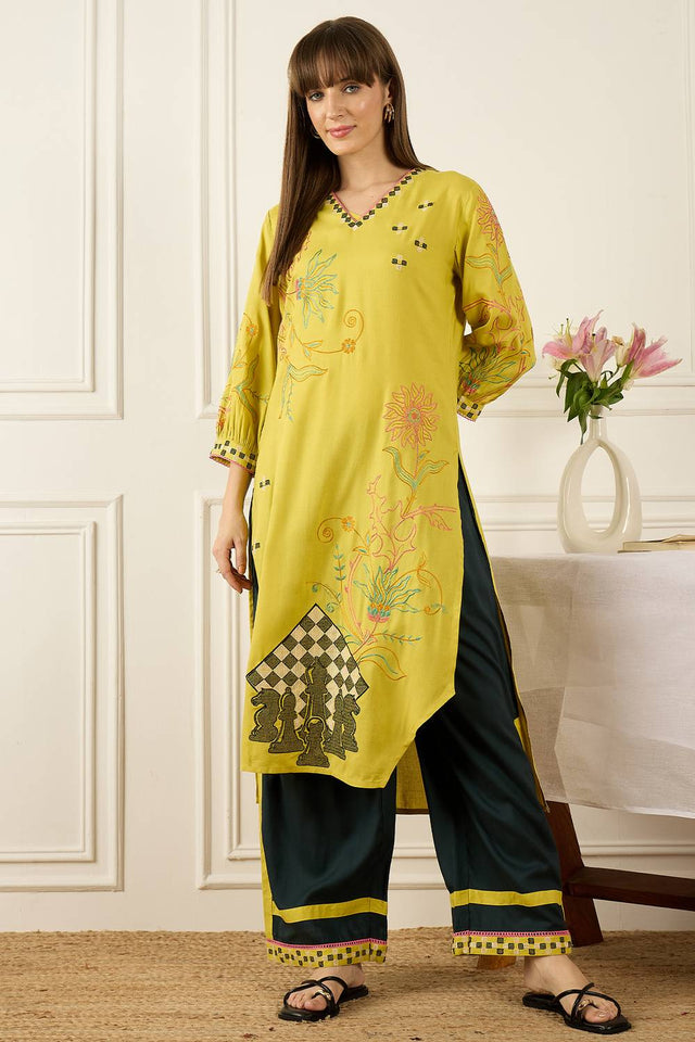 Yellow Embroidered Rayon Kurti Pant Set (IDKS5YL12411)