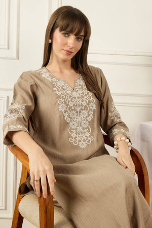 Beige Floral Embroidered Silk Blend Kurti Pant Set (IDKS9BE12129)