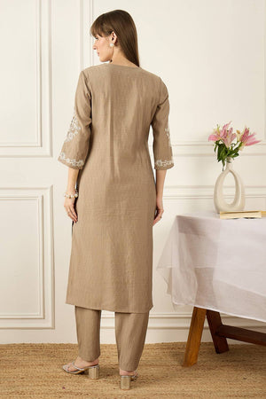 Beige Floral Embroidered Silk Blend Kurti Pant Set (IDKS9BE12129)