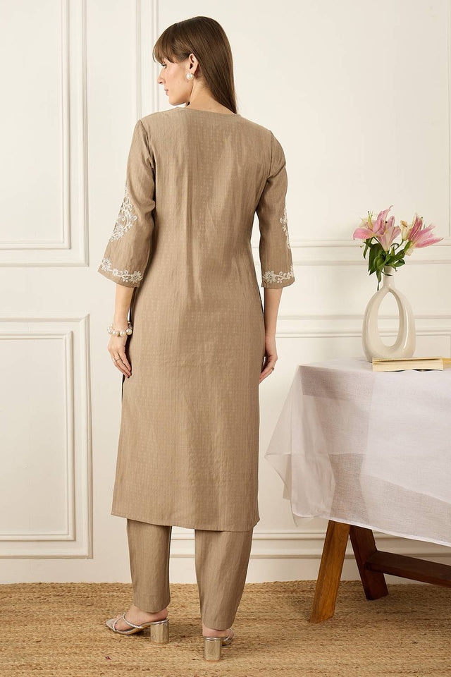 Beige Floral Embroidered Silk Blend Kurti Pant Set (IDKS9BE12129)