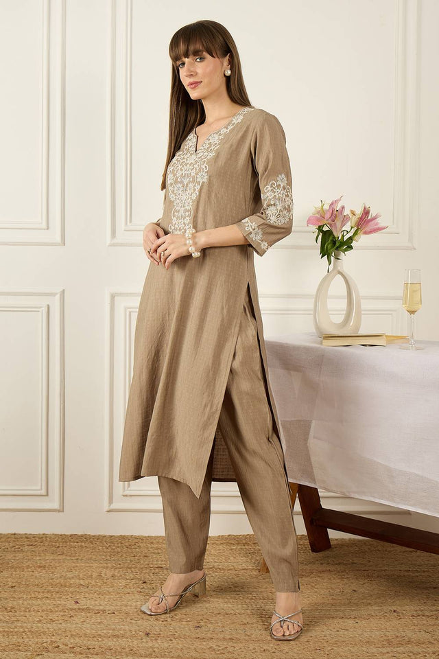 Beige Floral Embroidered Silk Blend Kurti Pant Set (IDKS9BE12129)