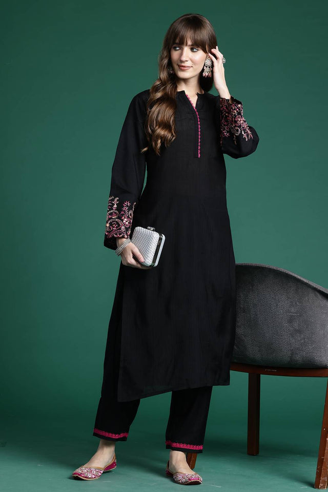 Black Embroidered Cotton Blend Kurti Pant Set