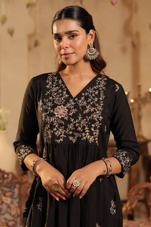 Black Floral Embroidered Silk Blend Kurti Pant Set (IDKS9BK12125)